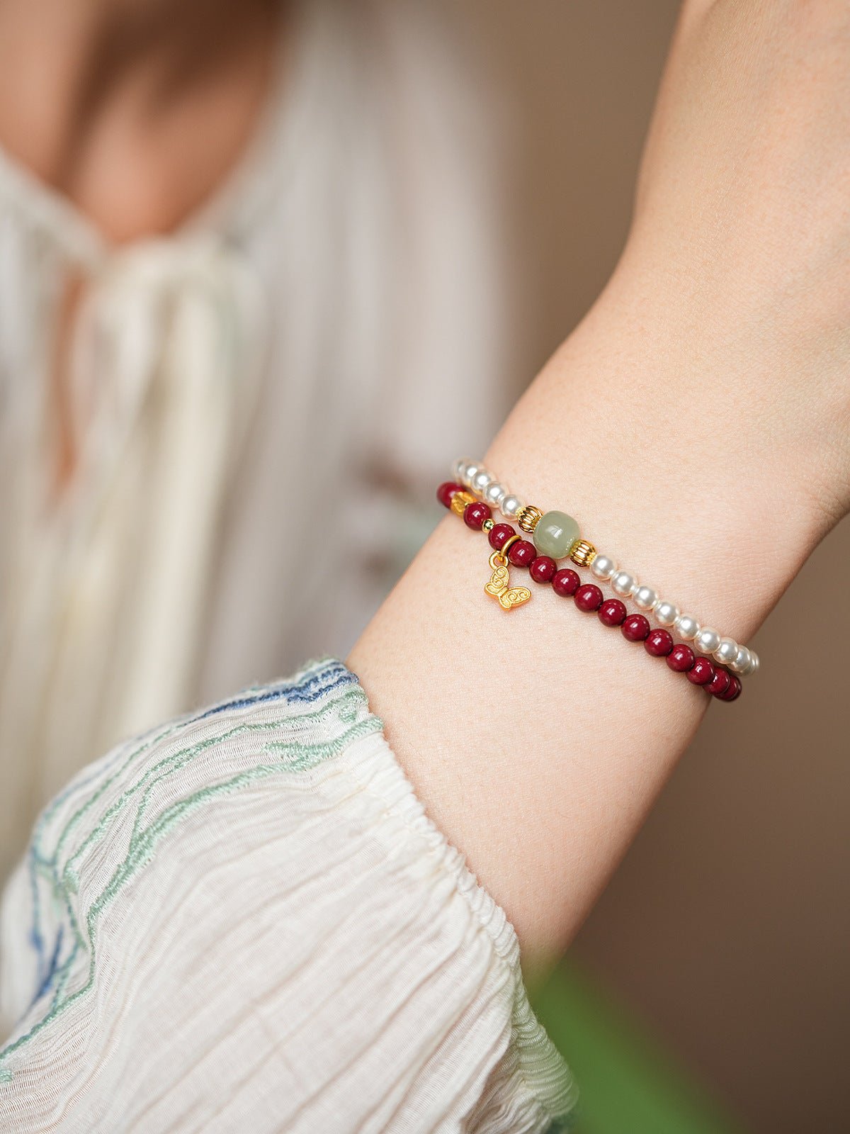 Serene Pearl & Cinnabar Bracelet Set with Jade Charm - Lunaire Jewelry