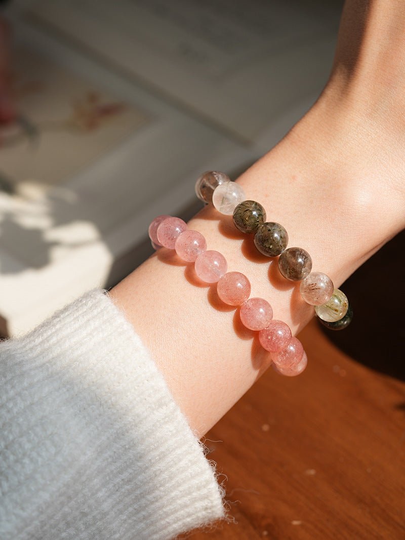 Strawberry Quartz & Multicolour Phantom Crystal Bracelet Set - Lunaire Jewelry