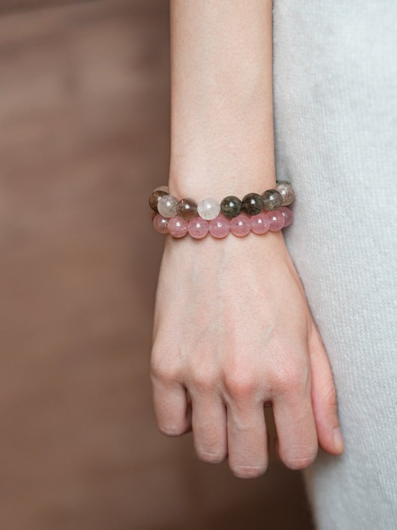 Strawberry Quartz & Multicolour Phantom Crystal Bracelet Set - Lunaire Jewelry