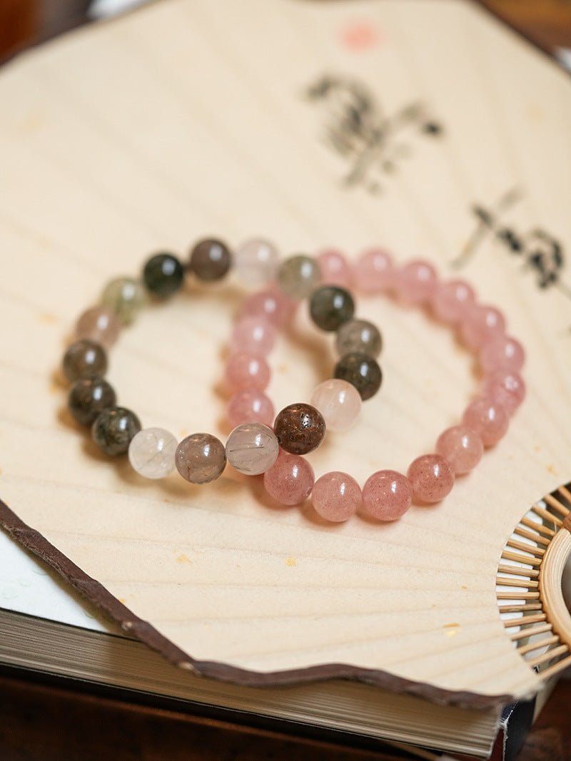 Strawberry Quartz & Multicolour Phantom Crystal Bracelet Set - Lunaire Jewelry
