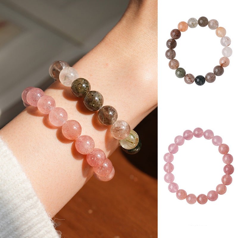 Strawberry Quartz & Multicolour Phantom Crystal Bracelet Set - Lunaire Jewelry