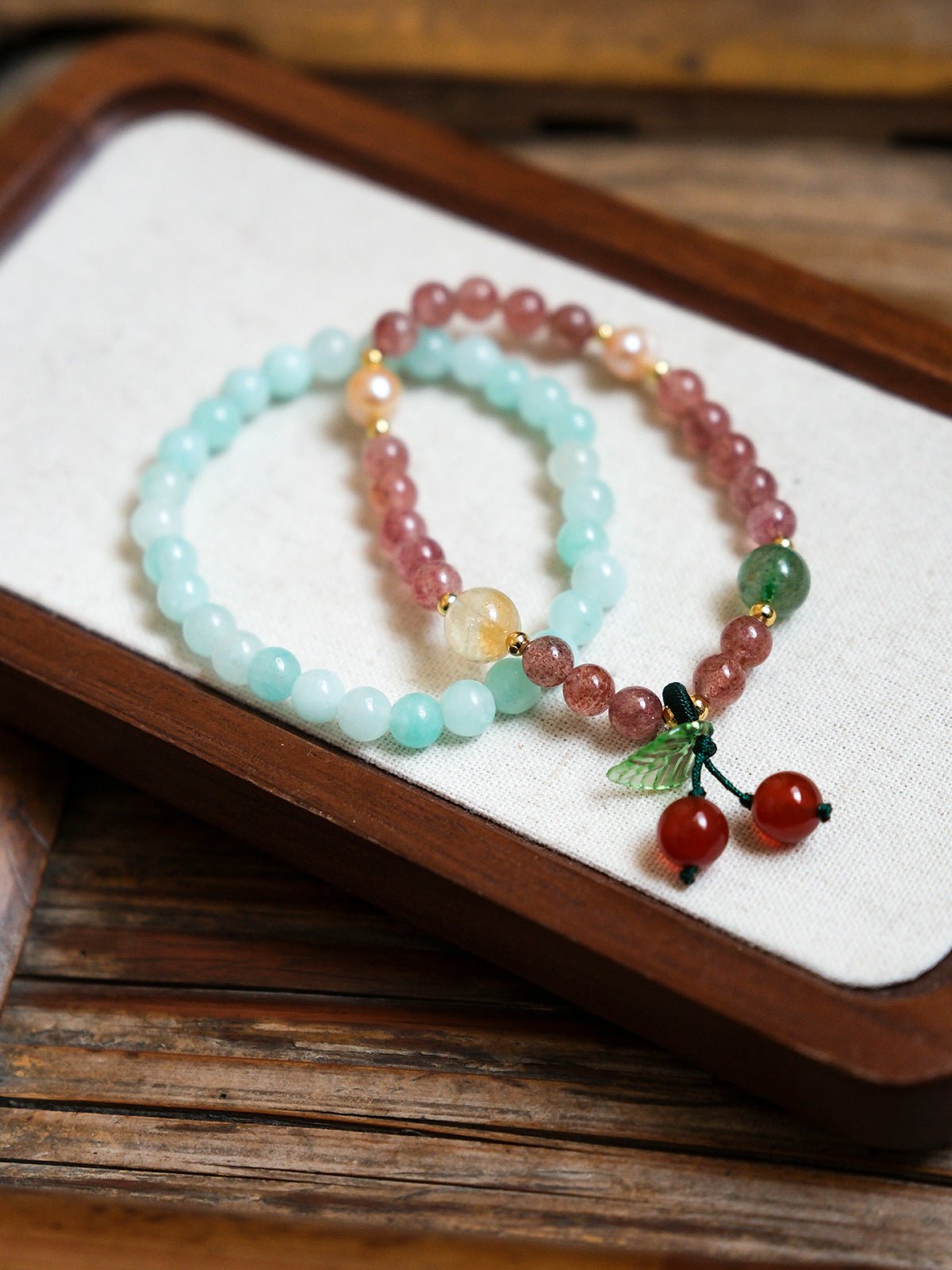 Sweet Strawberry Quartz & Green Jade Bracelet Set - Lunaire Jewelry