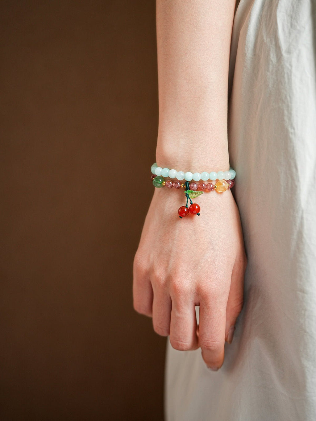 Sweet Strawberry Quartz & Green Jade Bracelet Set - Lunaire Jewelry